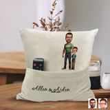 Bk Gift Kişiye Özel Baba Oğul Karikatür Tasarımlı Organizer Kumanda ve Atıştırmalık Cepli Sarı Kırlent Yastık-21 Arkadaşa , Cepli Yastık