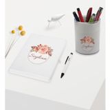 Bk Gift Kişiye Özel Çiçek Tasarımlı Beyaz Defter Kalem ve Kalemlik Hediye Seti - Model 26