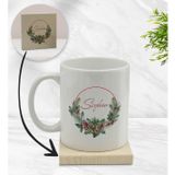 BK Gift Kişiye Özel Çiçek Tasarımlı Beyaz Kupa Bardak ve Ahşap Bardak Altlığı Hediye Seti - Model 7