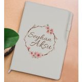 BK Gift Kişiye Özel Çiçek Tasarımlı Beyaz Termo Deri Not Defteri 15x21cm-5