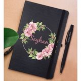 Bk Gift Kişiye Özel Çiçek Tasarımlı Siyah Defter ve Metal Versatil Kalem(0,7 Kurşun) Hediye Seti-17