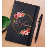 Bk Gift Kişiye Özel Çiçek Tasarımlı Siyah Defter ve Metal Versatil Kalem(0,7 Kurşun) Hediye Seti-18