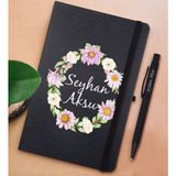 Bk Gift Kişiye Özel Çiçek Tasarımlı Siyah Defter ve Metal Versatil Kalem(0,7 Kurşun) Hediye Seti-4