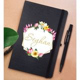 Bk Gift Kişiye Özel Çiçek Tasarımlı Siyah Defter ve Metal Versatil Kalem(0,7 Kurşun) Hediye Seti-9