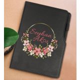 BK Gift Kişiye Özel Çiçek Tasarımlı Siyah Termo Deri Not Defteri 15x21cm-23