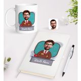 Bk Gift Kişiye Özel Erkek Öğretmen Karikatürlü Beyaz Defter Kalem Kupa Seti - 3