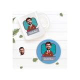 Bk Gift Kişiye Özel Erkek Öğretmen Karikatürlü Beyaz Kupa Bardak ve Yuvarlak Ahşap Bardak Altlığı Hediye Seti -3