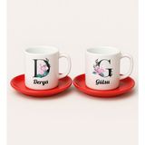 Bk Gift Kişiye Özel Harf ve İsim Tasarımlı 2'li Kırmızı Tabaklı Türk Kahvesi Fincan Takımı-1