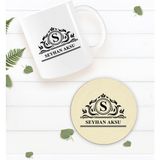 Bk Gift Kişiye Özel Isimli Beyaz Kupa Bardak Ve Yuvarlak Ahşap Bardak Altlığı Hediye Seti -12
