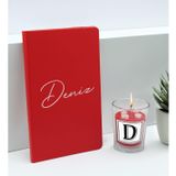Bk Gift Kişiye Özel Isimli Kırmızı Defter ve Cam Bardakta Kalp Figürlü Kokulu Mum Hediye Seti-2, Sevgiliye Hediye, Arkadaşa Hediye