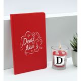 Bk Gift Kişiye Özel Isimli Kırmızı Defter ve Cam Bardakta Kalp Figürlü Kokulu Mum Hediye Seti-4, Sevgiliye Hediye, Arkadaşa Hediye