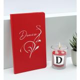 Bk Gift Kişiye Özel Isimli Kırmızı Defter ve Cam Bardakta Kalp Figürlü Kokulu Mum Hediye Seti-5, Sevgiliye Hediye, Arkadaşa Hediye