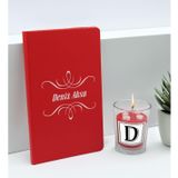 Bk Gift Kişiye Özel Isimli Kırmızı Defter ve Cam Bardakta Kalp Figürlü Kokulu Mum Hediye Seti-6, Sevgiliye Hediye, Arkadaşa Hediye