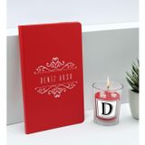 Bk Gift Kişiye Özel Isimli Kırmızı Defter ve Cam Bardakta Kalp Figürlü Kokulu Mum Hediye Seti-7, Sevgiliye Hediye, Arkadaşa Hediye