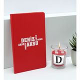 Bk Gift Kişiye Özel Isimli Kırmızı Defter ve Cam Bardakta Kalp Figürlü Kokulu Mum Hediye Seti-8, Sevgiliye Hediye, Arkadaşa Hediye