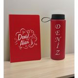 Bk Gift Kişiye Özel Isimli Kırmızı Defter ve Cam Matara Hediye Seti-4, Sevgiliye Hediye, Arkadaşa Hediye, Yeni Iş Hediyesi