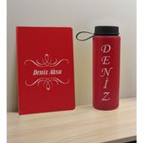 Bk Gift Kişiye Özel Isimli Kırmızı Defter ve Cam Matara Hediye Seti-7, Sevgiliye Hediye, Arkadaşa Hediye, Yeni Iş Hediyesi