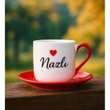 Bk Gift Kişiye Özel Isimli Kırmızı Kulplu Kahve Fincanı-1, Arkadaşa Hediye, Sevgiliye Hediye
