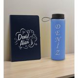 Bk Gift Kişiye Özel Isimli Lacivert Defter ve Mavi Cam Matara Hediye Seti-4, Sevgiliye Hediye, Arkadaşa Hediye, Yeni Iş Hediyesi