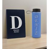 Bk Gift Kişiye Özel Isimli Lacivert Defter ve Mavi Cam Matara Hediye Seti-5, Sevgiliye Hediye, Arkadaşa Hediye, Yeni Iş Hediyesi