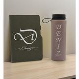 Bk Gift Kişiye Özel Isimli Mat Gri Termo Deri Defter ve Cam Matara Hediye Seti-2, Sevgiliye Hediye, Arkadaşa Hediye, Yeni Iş Hediyesi