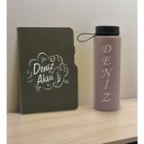 Bk Gift Kişiye Özel Isimli Mat Gri Termo Deri Defter ve Cam Matara Hediye Seti-4, Sevgiliye Hediye, Arkadaşa Hediye, Yeni Iş Hediyesi