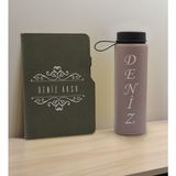 Bk Gift Kişiye Özel Isimli Mat Gri Termo Deri Defter ve Cam Matara Hediye Seti-8, Sevgiliye Hediye, Arkadaşa Hediye, Yeni Iş Hediyesi