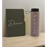 Bk Gift Kişiye Özel Isimli Mat Gri Termo Deri Defter ve Cam Matara Seti 1