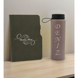Bk Gift Kişiye Özel Isimli Mat Gri Termo Deri Defter ve Cam Matara Seti 3