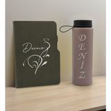 Bk Gift Kişiye Özel Isimli Mat Gri Termo Deri Defter ve Cam Matara Seti 6