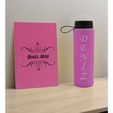 Bk Gift Kişiye Özel Isimli Pembe Defter ve Cam Matara Hediye Seti-7, Sevgiliye Hediye, Arkadaşa Hediye, Yeni Iş Hediyesi