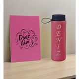 Bk Gift Kişiye Özel Isimli Pembe Defter ve Fuşya Cam Matara Hediye Seti-4, Sevgiliye Hediye, Arkadaşa Hediye, Yeni Iş Hediyesi