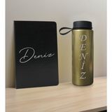 Bk Gift Kişiye Özel Isimli Siyah Defter ve Gold Cam Matara Hediye Seti-1, Sevgiliye Hediye, Arkadaşa Hediye, Yeni Iş Hediyesi