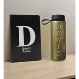 Bk Gift Kişiye Özel Isimli Siyah Defter ve Gold Cam Matara Hediye Seti-5, Sevgiliye Hediye, Arkadaşa Hediye, Yeni Iş Hediyesi