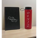 Bk Gift Kişiye Özel Isimli Siyah Defter ve Kırmızı Cam Matara Hediye Seti-3, Sevgiliye Hediye, Arkadaşa Hediye, Yeni Iş Hediyesi