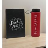 Bk Gift Kişiye Özel Isimli Siyah Defter ve Kırmızı Cam Matara Hediye Seti-4, Sevgiliye Hediye, Arkadaşa Hediye, Yeni Iş Hediyesi