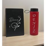 Bk Gift Kişiye Özel Isimli Siyah Defter ve Kırmızı Cam Matara Hediye Seti-6, Sevgiliye Hediye, Arkadaşa Hediye, Yeni Iş Hediyesi