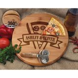 Bk Gift Kişiye Özel Isimli Tarihli Bambu Ahşap Döner Tablalı Pizza Tahtası-3, Pizza Kesme Tahtası Seti, Şarküteri Tahtası, Servis Tepsisi, Ahşap Tabak, Eve Taşınma Hediyesi