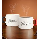 Bk Gift Kişiye Özel Isimli Tarihli Siyah ve Kırmızı Kulplu 2li Çay & Kahve Fincanı, Arkadaşa Hediye, Sevgiliye Hediye - Renk - Renkli