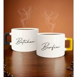 Bk Gift Kişiye Özel Isimli Tarihli Siyah ve Sarı Kulplu 2li Çay & Kahve Fincanı, Arkadaşa Hediye, Sevgiliye Hediye - Renk - Renkli