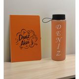 Bk Gift Kişiye Özel Isimli Turuncu Defter ve Somon Cam Matara Hediye Seti-4, Sevgiliye Hediye, Arkadaşa Hediye, Yeni Iş Hediyesi