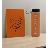 Bk Gift Kişiye Özel Isimli Turuncu Defter ve Somon Cam Matara Seti 6