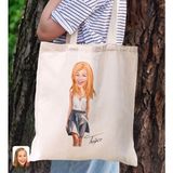 Bk Gift Kişiye Özel Kadın Karikatürlü Kanvas Bez Plaj Çantası Baskılı Omuz Çantası-13, Alışveriş Çantası, Arkadaşa Hediye