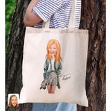 Bk Gift Kişiye Özel Kadın Karikatürlü Kanvas Bez Plaj Çantası Baskılı Omuz Çantası-14, Alışveriş Çantası, Arkadaşa Hediye