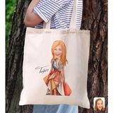 Bk Gift Kişiye Özel Kadın Karikatürlü Kanvas Bez Plaj Çantası Baskılı Omuz Çantası-17, Alışveriş Çantası, Arkadaşa Hediye