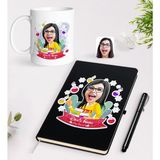 Bk Gift Kişiye Özel Kadın Kimya Öğretmeni Karikatürlü Siyah Defter Kalem Kupa Seti - 1