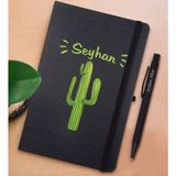 Bk Gift Kişiye Özel Kaktüs Tasarımlı Siyah Defter ve Metal Versatil Kalem(0,7 Kurşun) Hediye Seti-1