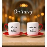 Bk Gift Kişiye Özel Kalpli İsimli 2'li Kırmızı Tabaklı Türk Kahvesi Fincan Takımı Seti-1