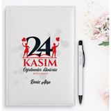 Bk Gift Kişiye Özel Öğretmenler Günü Tasarımlı 2024 Beyaz Deri Ajanda ve Kalem Hediye Seti - 13
