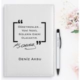 Bk Gift Kişiye Özel Öğretmenler Günü Tasarımlı 2024 Beyaz Deri Ajanda ve Kalem Hediye Seti - 15